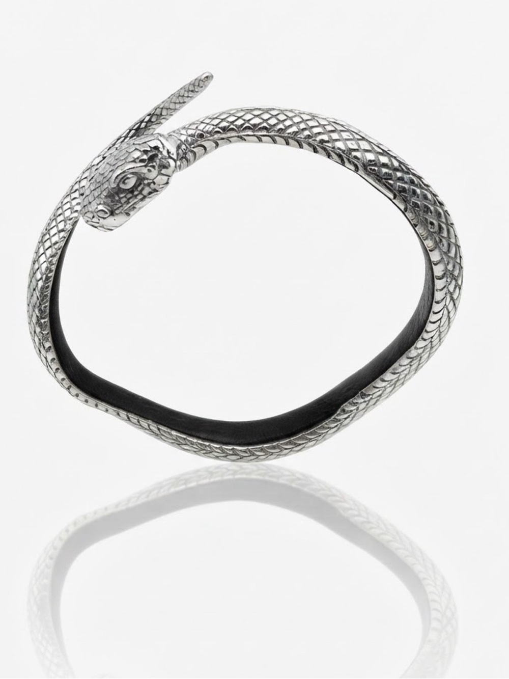MERCURIOUS 94.8% Pure Silver Snake Open Leather Cuff Bracelet 47.7g